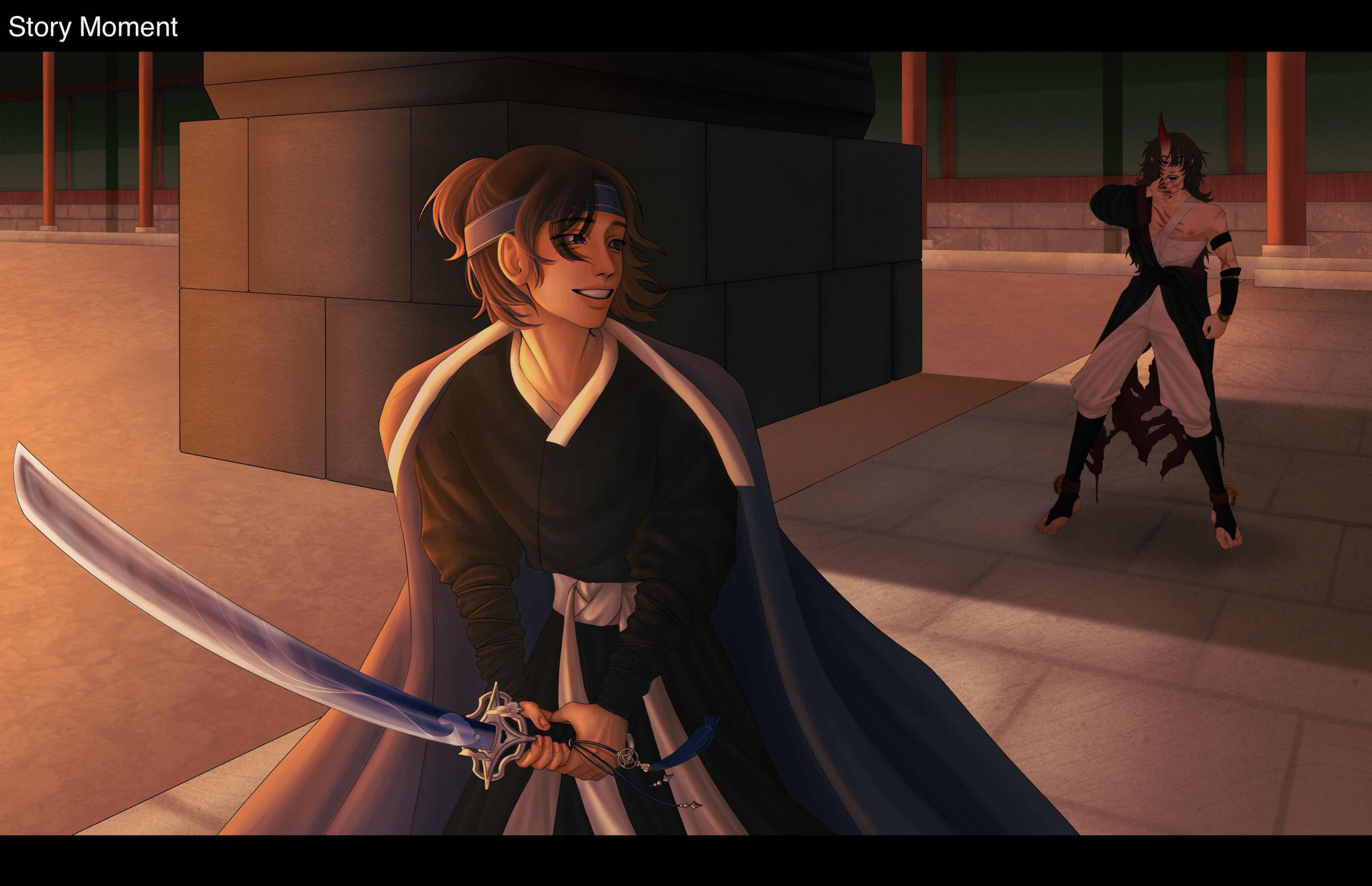 Yu and Yeonho sparring on palace grounds. After traveling for a while, they rest here through the insistence of a royal.