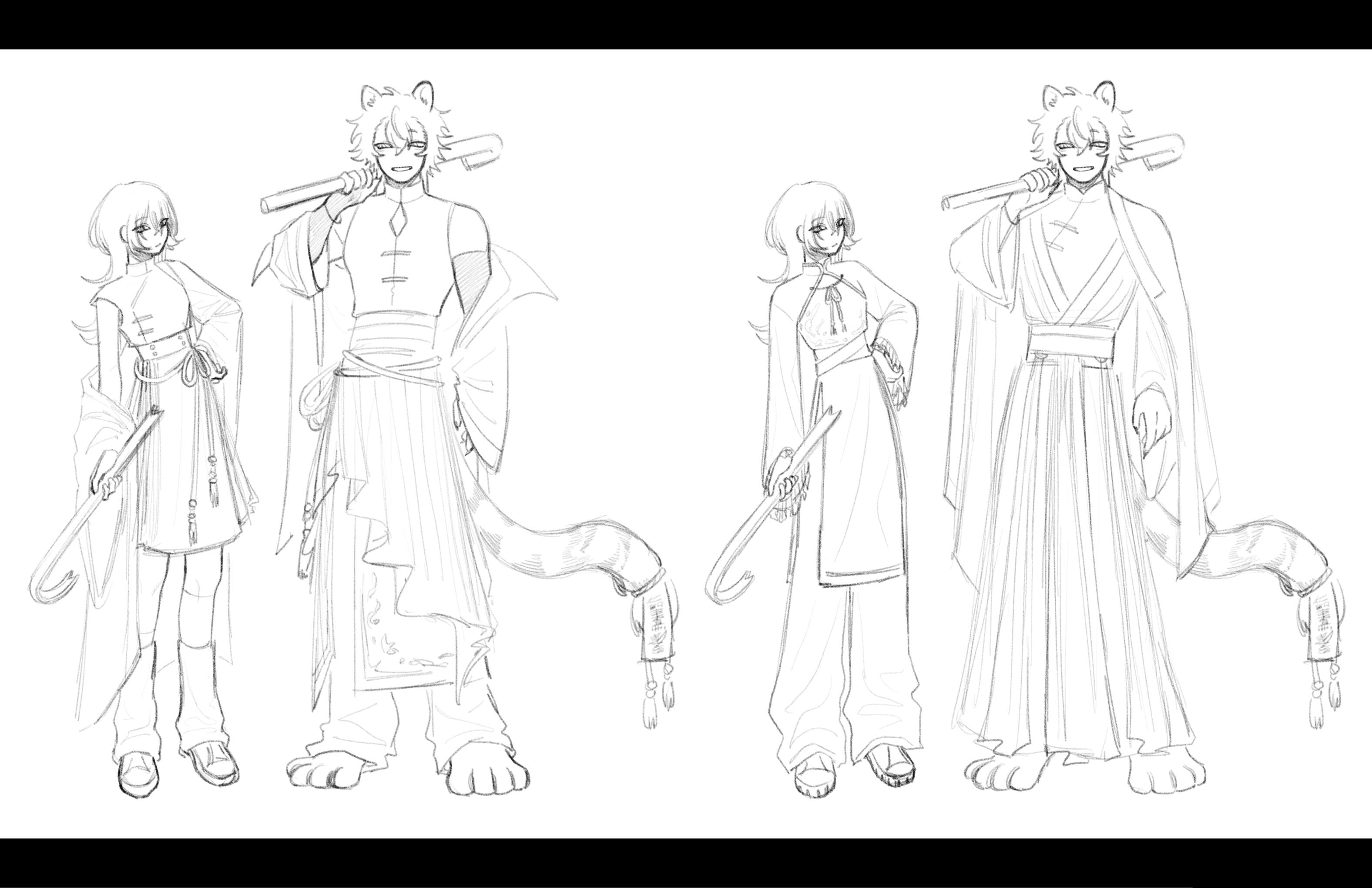 Initial concept sketches of a horror game protagonist and her comanion. Initial concept sketches of a horror game protagonist and her comanion.