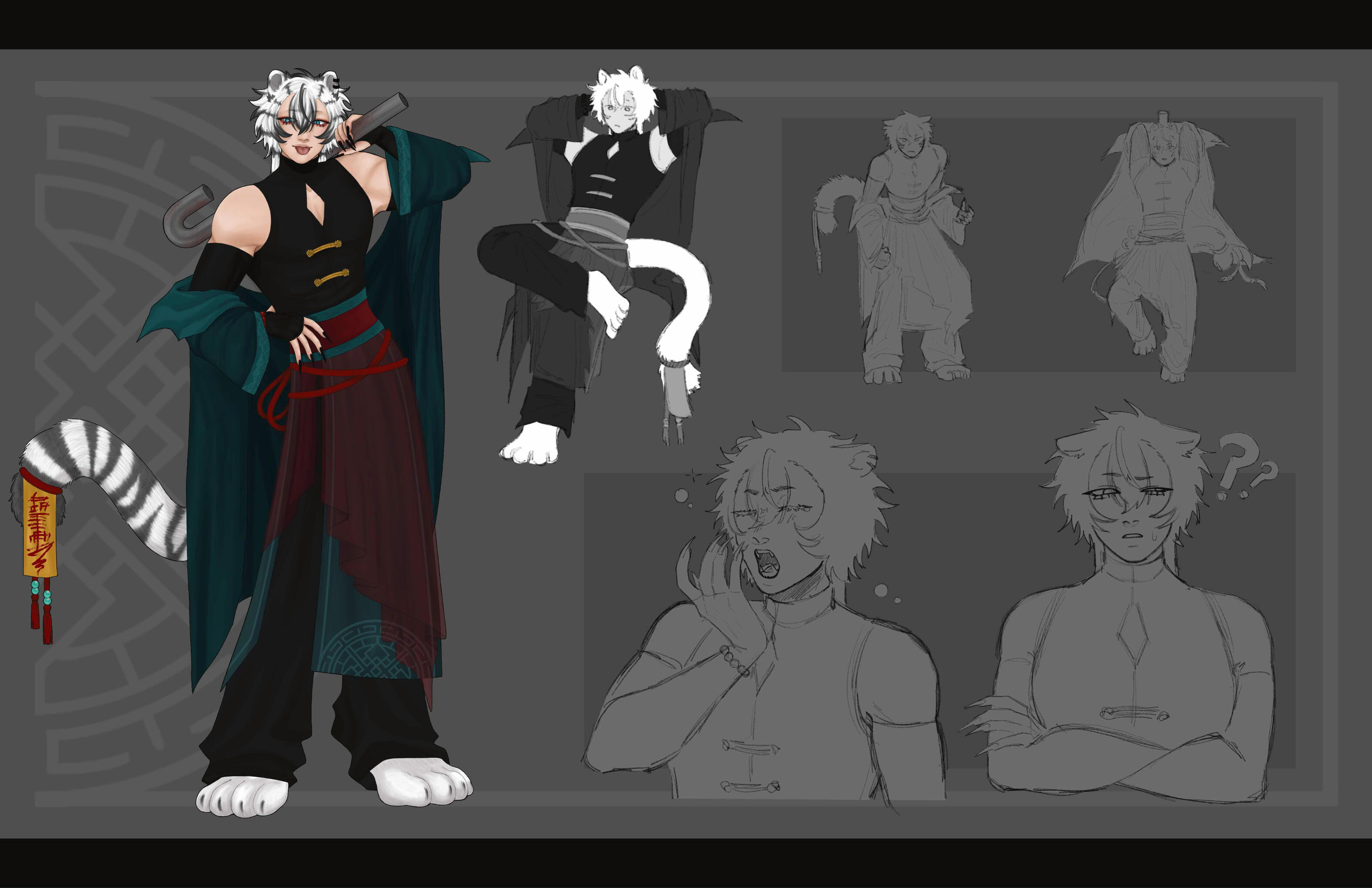 The protagonist's companion; a white tiger. This is his human form, which he often shifts into to assist the protagonist when needed during her fights against curses. The tiger himself is a curse, but he is kept at bay via the talisman on his tail. The protagonist's companion; a white tiger. This is his human form, which he often shifts into to assist the protagonist when needed during her fights against curses. The tiger himself is a curse, but he is kept at bay via the talisman on his tail.